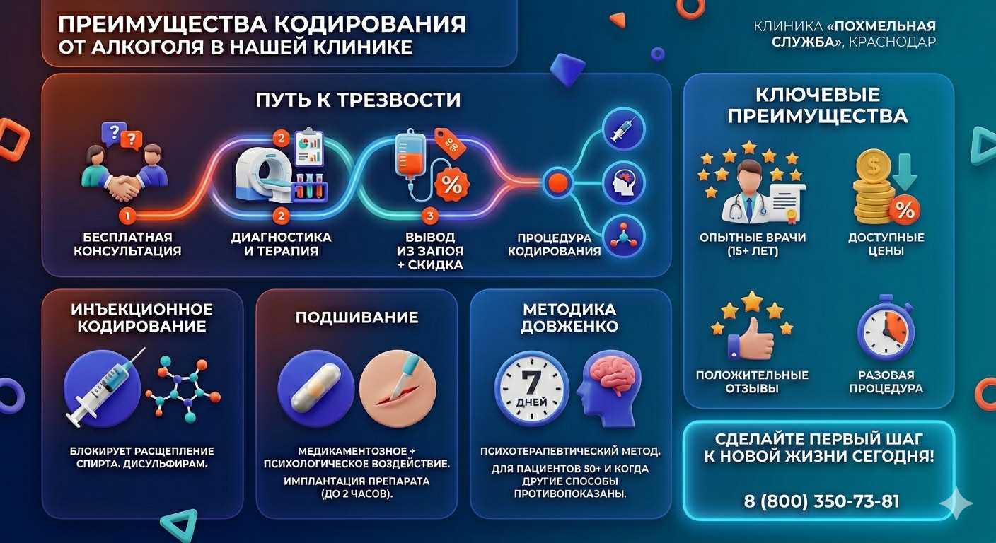 Инфографика о методах кодирования от алкоголя в Майме: инъекции, подшивание, метод Довженко. Преимущества клиники и этапы лечения.