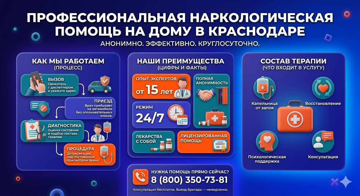 Инфографика о принципах лечения алкоголизма на дому в Майме: этапы вызова нарколога, преимущества анонимной детоксикации и состав медицинской помощи.